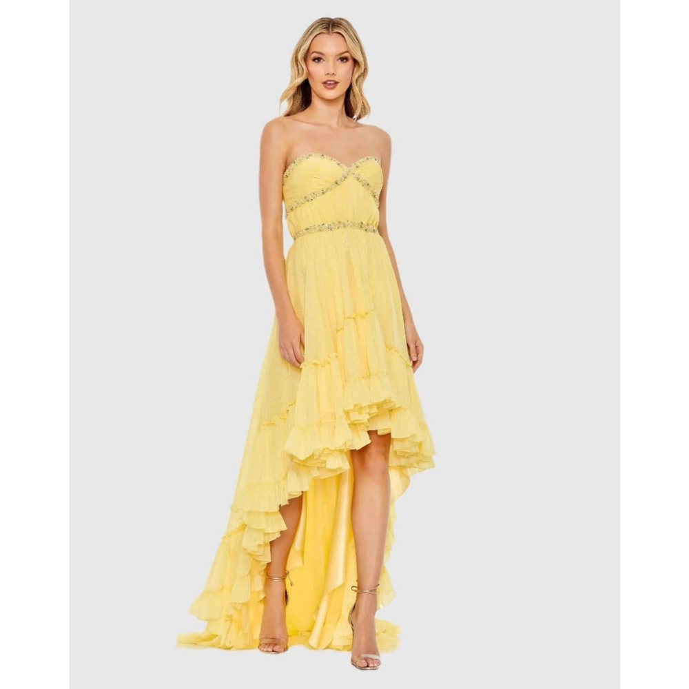 Mac Duggal Beaded Ruffle High Low Gown 8 Evening Gown Prom Party Yellow